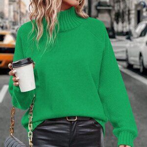 Green Casual Women's Turtleneck Pullover Sweater with Raglan Sleeve